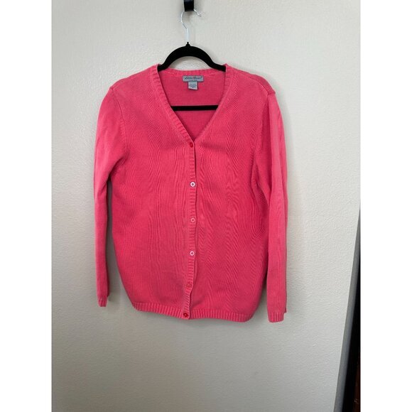Eddie Bauer Womens Pink Cardigan Medium Button up v-neck 100% cotton long sleeve - Picture 1 of 6